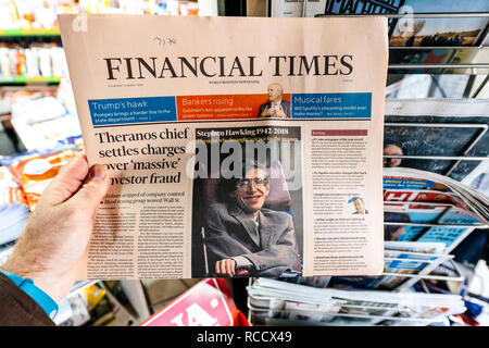 PARIS, FRANCE - MAR 15, 2018: International newspaper Financial Times  with portrait of Stephen Hawking the English theoretical physicist, cosmologist dead on 14 March 2018 Stock Photo