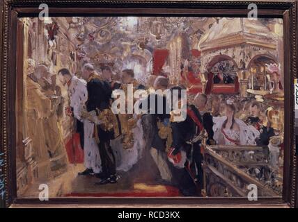 The Coronation of Emperor Nicholas II in the Assumption Cathedral. Museum: State Tretyakov Gallery, Moscow. Author: Serov, Valentin Alexandrovich. Stock Photo