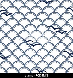 Vector blue Japanese waves with blue birds on white background repeat seamless pattern. Stock Vector