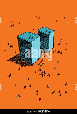 hand drawn illustration of two simple abstract modern futuristic buildings or towers with many people around Stock Vector