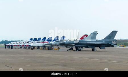 Air Show Fighters and Thundertiger AT-3 at Ching Chuang Kang AFB Apron in Afternoon 20140719. Stock Photo