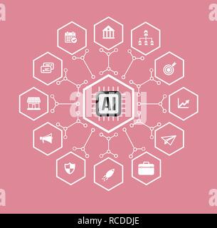 AI Artificial intelligence Technology for business and finacial icon set in hexagon shape with connection line design element vector illustration eps1 Stock Vector