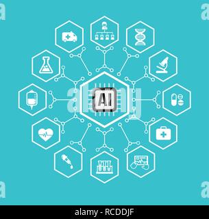 AI Artificial intelligence Technology for Health care and medical concept icon set in hexagon shape with connection line design element vector illustr Stock Vector