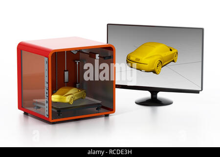 3D printer, desktop computer and screen isolated on white background. 3D illustration. Stock Photo