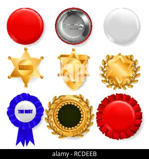 Badge Set Vector. Plastic And Golden Empty Button. Sale Symbol. Best Quality Product Emblem. Hexagonal. Sheriff, Pin Brooch, Retro, Vintage, Police, Sale Classic Premium Badge Illustration Stock Vector