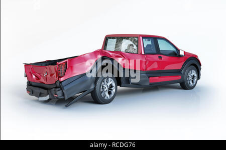 Single car crashed. Red pick up damaged on the rear part. Isolated on white background. Perspective view. Stock Photo