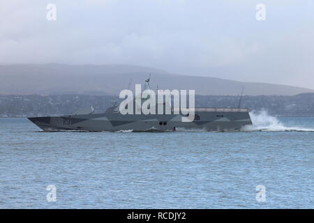 HSwMS Visby (K31), a Visby-class corvette operated by the Swedish Royal Navy, passing Greenock at the start of Exercise Joint Warrior 13-1. Stock Photo