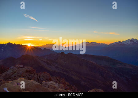 Sunrise on the 3000m high Torrenthorn near Leukerbad, with view of the swiss alps, Switzerland/Europe Stock Photo