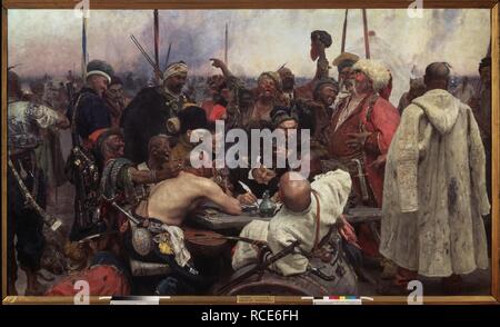 The Zaporozhian Cossacks writing a letter to the Turkish Sultan. Museum: State Russian Museum, St. Petersburg. Author: REPIN, ILYA YEFIMOVICH. Stock Photo