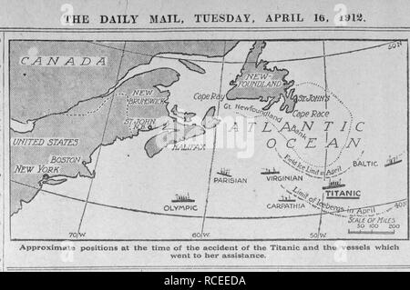 Titanic location map. The Daily Mail. London, April 16, 1912. Source: Colindale, 9. Language: English. Stock Photo