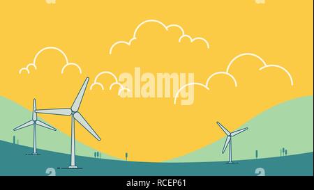 Wind power turbine on hill with sky Vector illustration.Green energy concept.Modern Nature landscape with wind turbine design.Ecology environmental ba Stock Vector