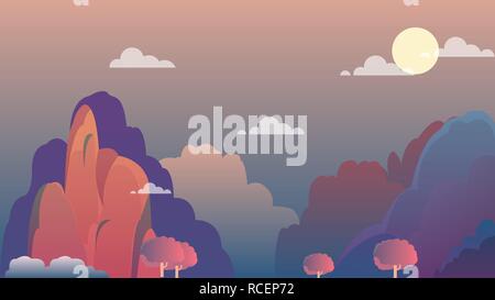 Mountain landscape on evening with sky and moon.Beautiful nature landscape illustration. Stock Vector