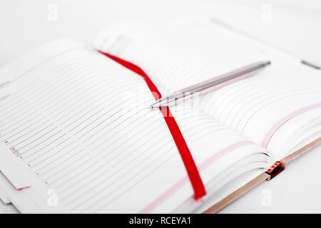 Portrait of open diary with pen. Isolated on the white background. Stock Photo