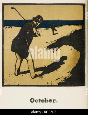 Image from a sporting calendar. October. A gentleman in a top hat playing golf. . Almanac of Sports for 1897. London England 1898. Illustration by Rudyard Kinpling. One of an edition of twenty copies. Source: Kipling file 546. Language: English. Author: NICHOLSON, WILLIAM. Stock Photo