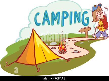 Summer camping vector cartoon illustration. Adventures, travel and ecotourism concept. Stock Vector