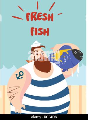 Fishing fisherman with fish in hands vector illustration. Stock Vector