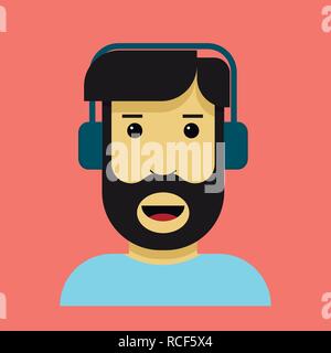 Hipster young man with beard listening music in headpones. Modern style cartoon character. Stock Vector
