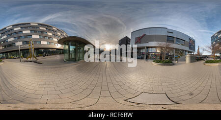 360 degree panoramic view of Wolfsburg, Germany, January 3., 2019: Ball panorama from the northern end of the shopping street of Wolfsburg shortly before the train station