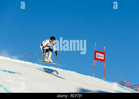 Magnitogorsk, Russia - December 18, 2018: women athlete racer in downhill skiing during National championship alpine skiing Stock Photo