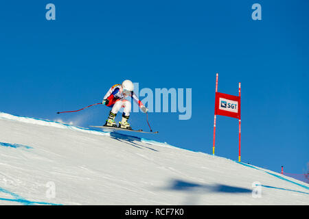 Magnitogorsk, Russia - December 18, 2018: women athlete racer in downhill skiing during National championship alpine skiing Stock Photo