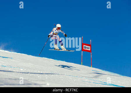 Magnitogorsk, Russia - December 18, 2018: women athlete racer in downhill skiing during National championship alpine skiing Stock Photo