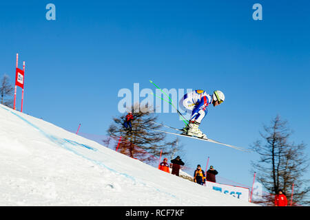 Magnitogorsk, Russia - December 18, 2018: men athlete racer in downhill skiing during National championship alpine skiing Stock Photo