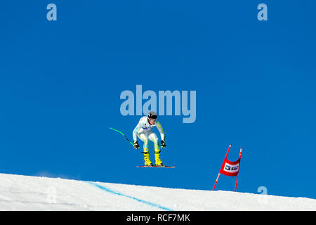 Magnitogorsk, Russia - December 18, 2018: men athlete racer in downhill skiing during National championship alpine skiing Stock Photo