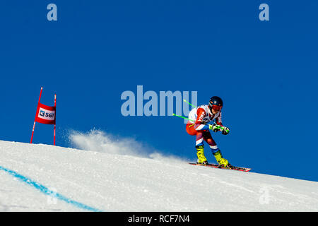 Magnitogorsk, Russia - December 18, 2018: men athlete racer in downhill skiing during National championship alpine skiing Stock Photo