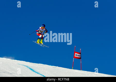 Magnitogorsk, Russia - December 18, 2018: men athlete racer in downhill skiing during National championship alpine skiing Stock Photo