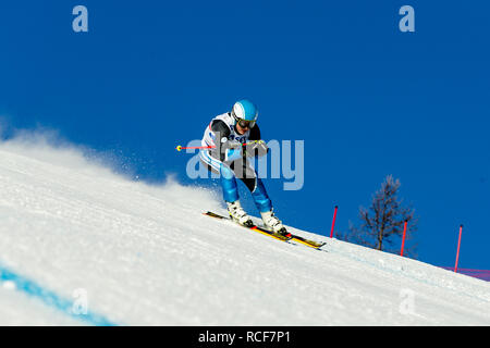 Magnitogorsk, Russia - December 18, 2018: men athlete racer in downhill skiing during National championship alpine skiing Stock Photo