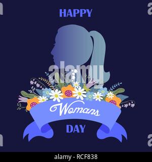 Happy womans day, Bouquet of Flowers and ribbon with text and woman head silhouette, vector Stock Vector