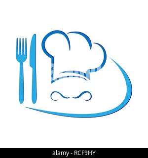 Conceptual illustration for logo or menu.Chef's hat with fork and knife. Stock Vector