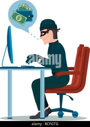 Computer hacker man trying hack the system and steal the money. Thief cartoon character vector illustration Stock Vector