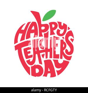 Happy Teachers Day. Hand lettering quote in silhouette apple. Text in form. Congratulation card, label, badge vector. Stock Vector