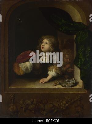 Two Boys blowing Bubbles. Museum: National Gallery, London. Author: NETSCHER, CASPAR. Stock Photo