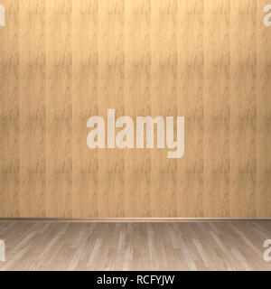 3d interior rendering of brown wooden wall and brown wooden parquet floor background Stock Photo