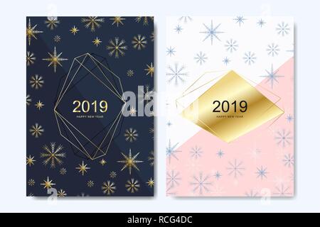 New Year greeting card design with with golden snowflakes. Holiday greeting card template Happy New Year 2019 for posters, placards, banners and flyers. Vector illustration. Stock Vector