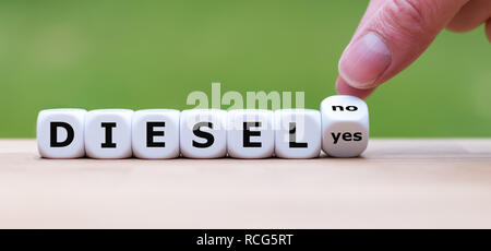 Should diesel engines be banned? Hand turns a dice and changes the word 'no' to 'yes' (or vice versa) Stock Photo