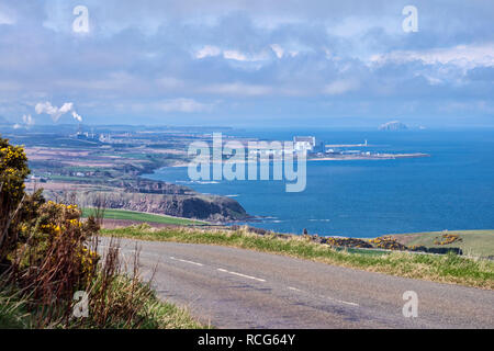 Looking north up East Lothian coast towards Dunbar, Bass Rock, Torness power station, from A1, near Coldingham, Cove, Borders, Scotland, UK Stock Photo