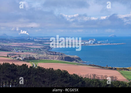 Looking north up East Lothian coast towards Dunbar, Bass Rock, Torness power station, from A1, near Coldingham, Cove, Borders, Scotland, UK Stock Photo