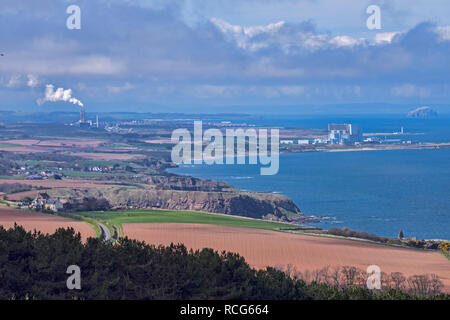 Looking north up East Lothian coast towards Dunbar, Bass Rock, Torness power station, from A1, near Coldingham, Cove, Borders, Scotland, UK Stock Photo