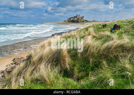 Looking along beach, coast to Bamburgh, Castle,  Northumberland, England, UK Stock Photo