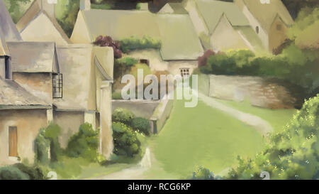 Old town and house with nature landscape painting illustration.View of little city.Beautiful village view of buildings and hills Stock Photo