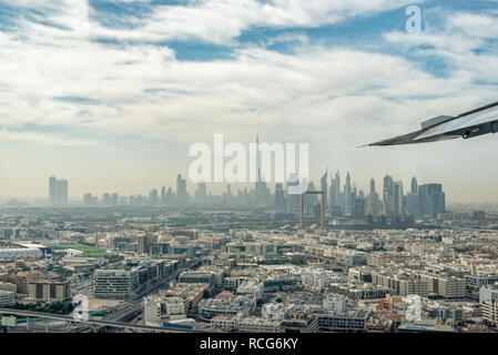 Aerial view of Dubai skyline seen from plane, United Arab Emirates Stock Photo