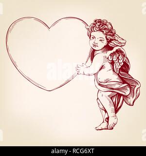 angel or cupid, little baby holds a heart, Valentines day, love, greeting card hand drawn vector illustration realistic sketch Stock Vector