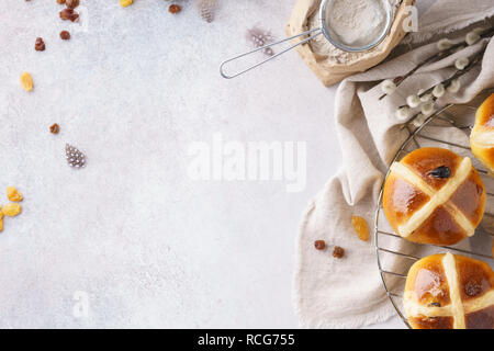 Easter breakfast with traditional hot cross buns. Stock Photo