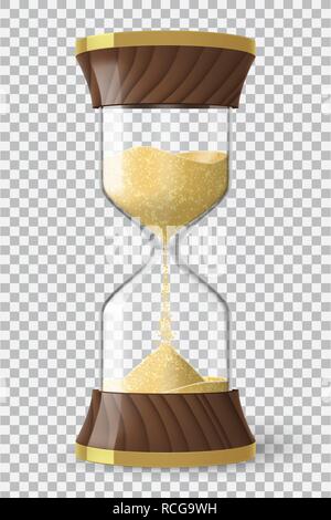 Realistic hourglass clock made of glass, wood and golden metal with yellow sand running down, on transparent background. Vector illustration. Stock Vector