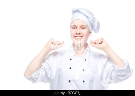 successful chef in suit rejoices in victory, emotional portrait on white background Stock Photo