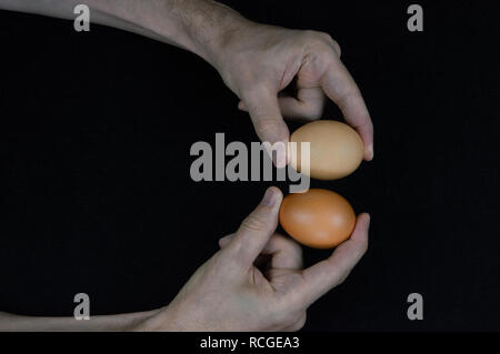 Man holding two brown eggs with his fingers on a black felt background Stock Photo