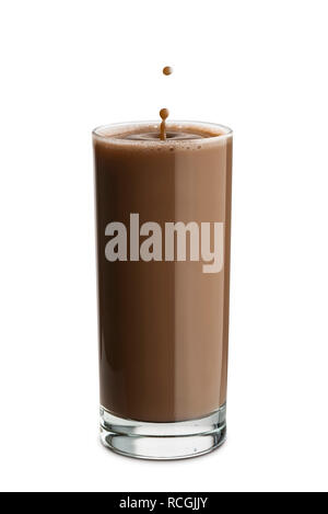 glass full of chocolate milk with dripping on white background Stock Photo